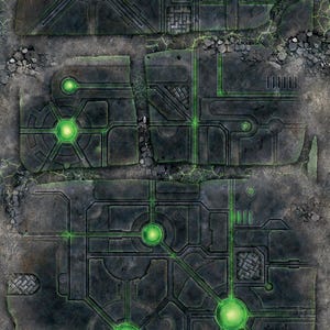 以下が含まれることがあります： 未来的な、工業的な外観の地図の詳細な俯瞰図。デザインは、光る緑色の線と円形のノードを備えた、相互接続された灰色のパネルのネットワークを特徴としています。地図はひび割れ、風化した外観をしています。