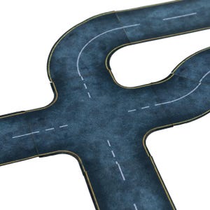 May include: A section of a toy road with a dark gray asphalt surface, white lane markings, and yellow edge lines. The road features curves and intersections, designed for toy cars and play sets.