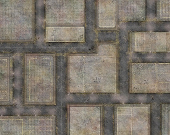 Pode incluir: Uma vista detalhada de cima de um mapa da cidade com uma aparência desgastada e envelhecida. O design apresenta uma rede de estradas e edifícios, com um padrão de grade e uma paleta de cores suaves de cinzas, marrons e amarelos. O mapa é adequado para jogos de mesa.