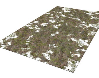 May include: A rectangular mat with a detailed print of a forest floor with patches of snow. The mat features a mix of brown, green, and white colors, with a slightly curled edge.