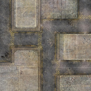 May include: Overhead view of a weathered, industrial-themed map. The design features a network of gray concrete pathways and rectangular panels, with yellow hazard stripes. The panels have a cracked, aged appearance.