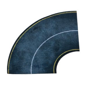 May include: A curved, dark blue play mat with a road design. The mat features a yellow border and a white lane marker. The mat is designed for toy cars and other vehicles.