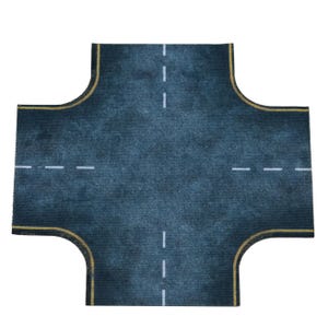 May include: A dark blue, cross-shaped play mat with white dashed lines representing road markings. The edges feature yellow painted curves, simulating road intersections. The mat is designed for toy cars and miniature vehicles.