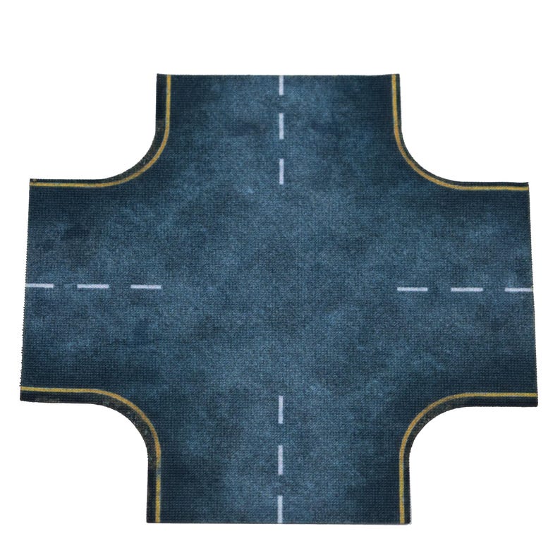 May include: A dark blue, cross-shaped play mat with white dashed lines representing road markings. The edges feature yellow painted curves, simulating road intersections. The mat is designed for toy cars and miniature vehicles.