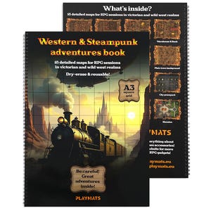 Può includere: Un libro a spirale intitolato "Western & Steampunk adventures book" con un'illustrazione di un treno. Il testo di copertina recita "18 mappe dettagliate per sessioni di RPG in regni vittoriani e del selvaggio west". Include "Asciugabile e riutilizzabile!" e "Griglia A3".