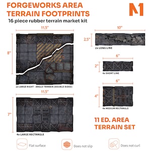 以下が含まれることがあります： Forgeworks Area Terrain Footprints 16ピースラバーテレインキット。2つの大きな直角テレイン、2つのロングライン、4つのショートライン、4つの中型長方形、4つの大型長方形が含まれ、工業的なテクスチャとインチ単位の寸法が記載されています。