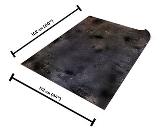 May include: A rectangular gaming mat with a detailed, textured surface, measuring 60 inches by 44 inches. The mat features a dark, weathered design with shades of gray, brown, and black, suggesting a battleground or urban setting.