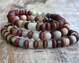 Boho Bracelet Set | Amazonite + Wood Beaded Bracelets | Handmade Set of 3 Bracelets for Him and Her