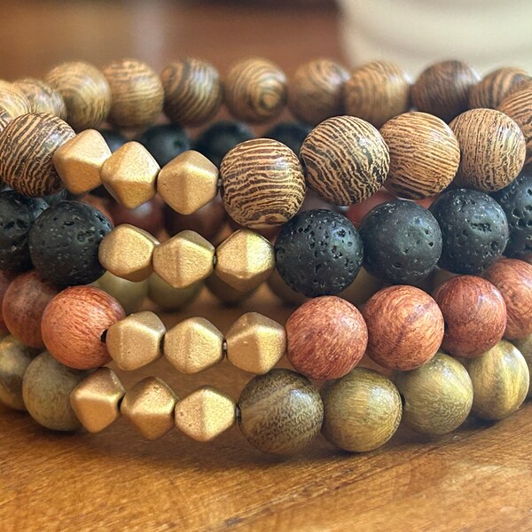 Wood + Bronze Beaded Stretch Bracelets | Lava + Gold Bracelet | Minimalist Wood Bead Bracelet Stacking Set | Essential Oil Diffuser Jewelry