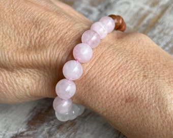 White Jade + Rose Quartz + Sandalwood Bracelet | Handmade Stackable Bracelets | Aromatherapy Diffuser Bracelet | Pink and White Bracelet