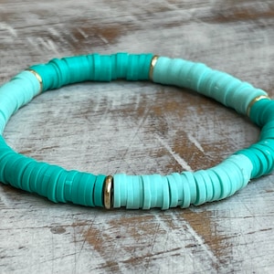 Clay Heishi Beaded Bracelet: Turquoise + Orange with Gold Accents