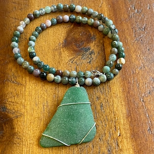 Sea Glass Necklace | Green Pendant Necklace | Handmade 6mm Fancy Jasper Gemstone Necklace | Coastal Jewelry | Genuine Seaglass Jewelry