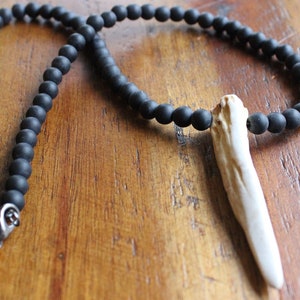 Real Deer Antler Tip Necklace: Matte Black Glass Beads