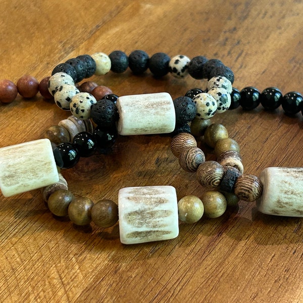 Deer Antler Bead Stretch Bracelets | Handmade Genuine Antler Jewelry | Natural Wood + Stone Beaded Bracelet