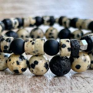 Dalmatian Jasper & Black Lava Bracelet Set: Essential Oil Diffuser