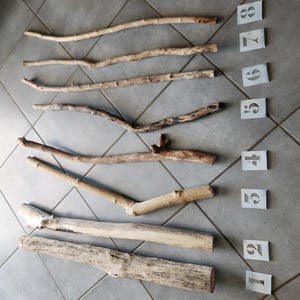 May include: Eight light brown wooden sticks of varying thickness and texture arranged horizontally. Each stick is paired with a small white square card featuring a black printed number from one to eight, placed in ascending order from bottom to top.