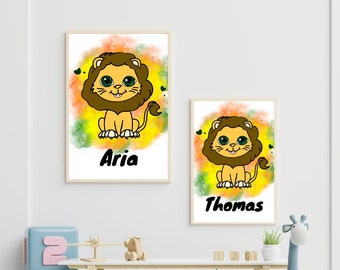Affiche personnalisé lion pour décorer chambre d'enfant, affiche d'animaux pour décorer la chambre d'enfant, décoration chambre bébé