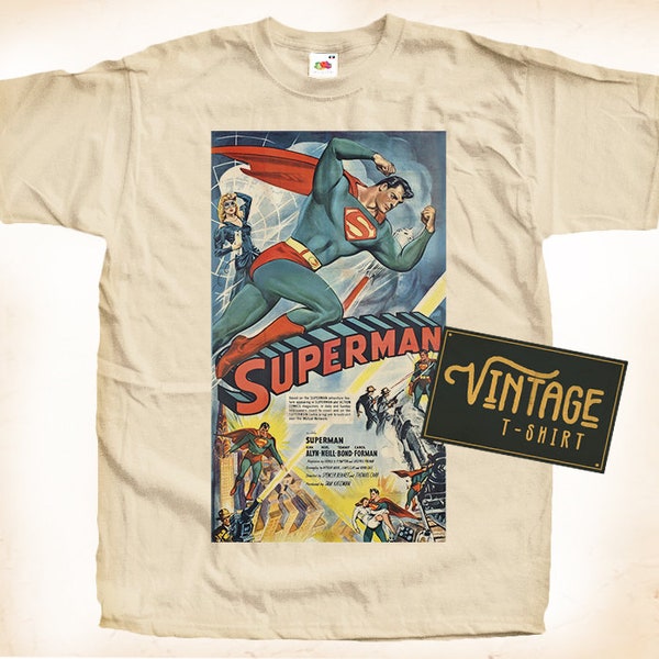 Superman T-shirt Tee Natural Vintage Cotton Movie Poster Beige Alle Maten S M L XL 2X 3X 4X 5X