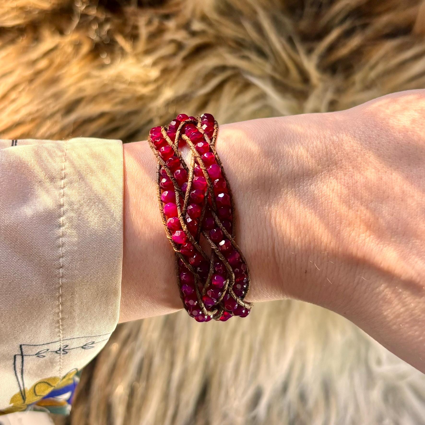 Braided Bracelet With Natural Turquoise, Purple Ruby, Chalcedony
