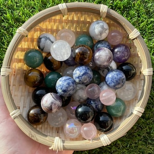small crystals spheres | star rose quartz, green aventurine, sodalite, tigers eye, amethyst, howlite, clear quartz, black obsidian