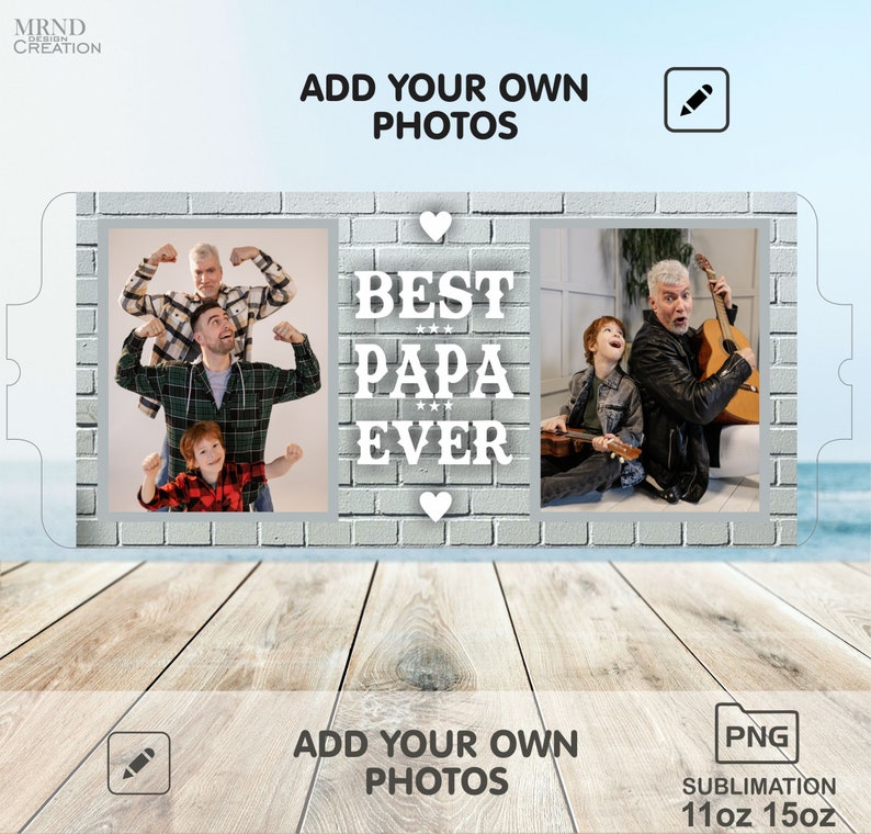 Peut inclure: Mod&egrave;le de conception par sublimation pour une tasse de 11 oz ou 15 oz avec trois photos d'une famille et le texte "BEST PAPA EVER" au centre. Le motif est sur un fond de brique.