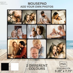 Op de afbeelding: Een collage van negen foto's die verschillende families en individuen tonen. De foto's zijn gerangschikt in een 3x3 raster. De foto's zijn afgedrukt op een zwart-witte muismat. De muismat is 9,25 inch bij 7,75 inch. De muismat is geschikt voor sublimatieprinten. De tekst "MOUSEPAD" en "ADD YOUR OWN PHOTOS" staat bovenaan de afbeelding. De tekst "2 DIFFERENT COLOURS" staat onderaan de afbeelding.