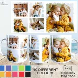 May include: White ceramic mug with a collage of photos printed on it. The photos show a young girl, a young boy, a cat, and a house. The mug is 11 oz or 15 oz and is available in 10 different colors. PNG sublimation.
