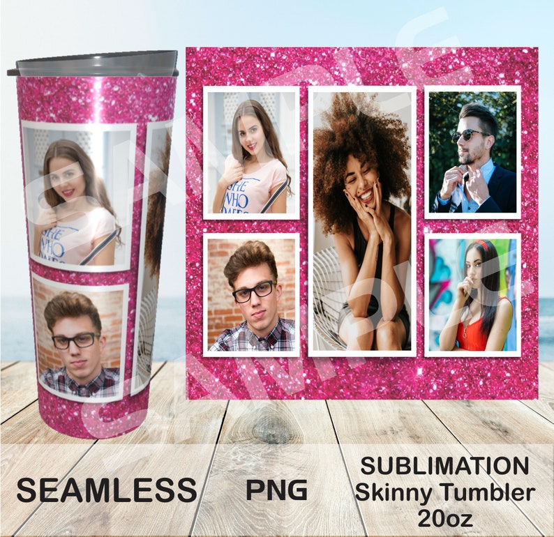 Pink Glitter Tumbler Template PNG Sublimation Photo Collage 20oz Skinny