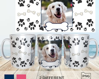May include: Two sublimation mugs with a white background and a pattern of black paw prints and bone shapes. The mugs have a photo of a golden retriever dog in the center. The text "2 DIFFERENT COLOURS" is at the bottom of the image. The text "PNG SUBLIMATION 11oz 15oz" is at the bottom right of the image.