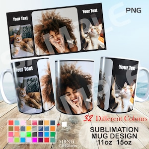 Puede incluir: Una plantilla de diseño de taza de sublimación con una mujer con cabello rizado, un gato y el texto "Your Text". El diseño está disponible en 32 colores diferentes y viene en tamaños de 11oz y 15oz.