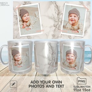 Op de afbeelding: Witte keramische mok met een foto van een baby met een gestreepte muts en een onesie met patroon. De mok heeft een marmeren ontwerp en de tekst "ADD YOUR OWN PHOTOS AND TEXT". De mok is 11oz en 15oz.