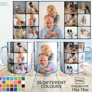 May include: White ceramic mug featuring a collage of photos of a father and son. The mug is available in 11 oz or 15 oz sizes and comes in 28 different colours. The text on the mug reads "PNG Sublimation 11oz 15oz".