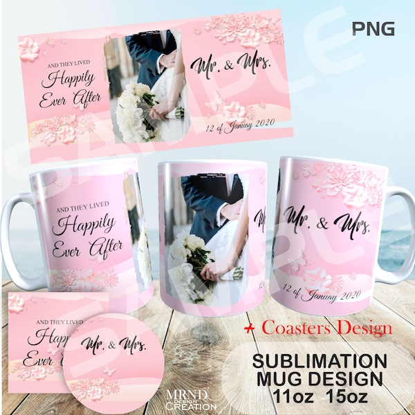 Happily Ever After Mr and Mrs Photo Mug - Wedding Sublimation Mug PNG - Mr and Mrs Photo Collage