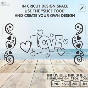 May include: Black and white graphic design of the word "LOVE" with hearts and swirls. The design is on a wooden surface with a blue and white background. The text "INFUSIBLE INK SHEET & SUBLIMATION 11oz 15oz PNG SVG PDF DXF" is at the bottom of the image.