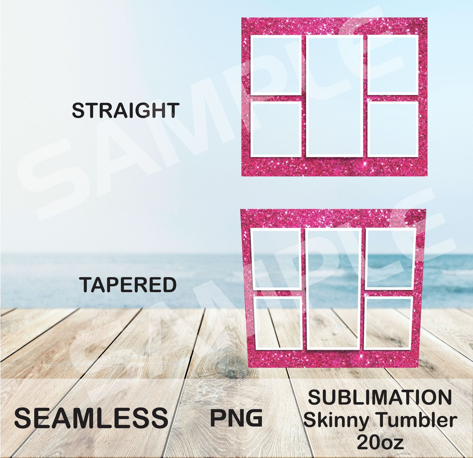 Pink Glitter Tumbler Template PNG Sublimation Photo Collage 20oz Skinny