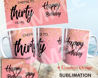 Emballage pour tasse du 30e anniversaire | Rose et paillettes dorées (téléchargement numérique PNG)