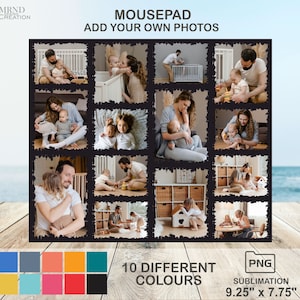 Puede incluir: Un mousepad de collage de fotos en blanco y negro con 12 imágenes diferentes de familias con bebés. El mousepad mide 9,25 pulgadas por 7,75 pulgadas y está disponible en 10 colores diferentes. El texto "MOUSEPAD" y "ADD YOUR OWN PHOTOS" está en la parte superior de la imagen. El texto "10 DIFFERENT COLOURS" y "SUBLIMATION" está en la parte inferior de la imagen.