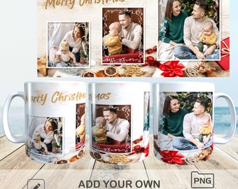 Könnte beinhalten: Weiße Keramiktasse mit personalisiertem Weihnachtsdesign. Die Tasse zeigt Familienfotos, festliche Dekorationen und den Text "Merry Christmas". Das Design umfasst einen Holzuntergrund und eine rote Schleife. Die Tasse ist 325 ml.
