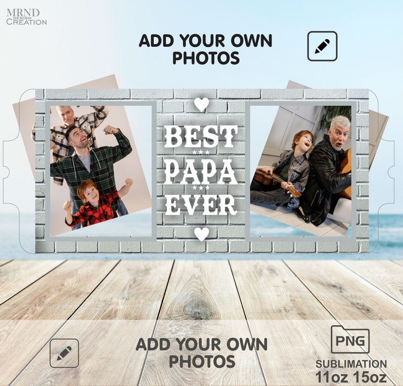Peut inclure: Mod&egrave;le de conception par sublimation pour une tasse de 11 oz ou 15 oz avec trois cadres photo. Le cadre central a un fond en brique avec le texte "BEST PAPA EVER" en blanc. Le design est parfait pour la f&ecirc;te des p&egrave;res ou toute occasion pour c&eacute;l&eacute;brer un papa.