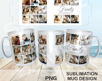 May include: White ceramic mug with a sublimation design featuring a collage of family photos and the text "Family Where Life Begins & Love Never Ends". The mug is 11oz or 15oz.