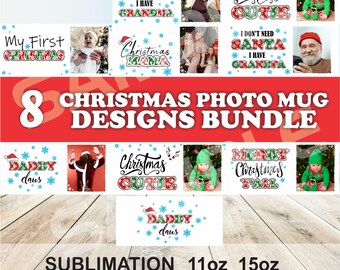 May include: A collection of eight Christmas-themed photo mug designs. The designs feature festive text such as "Christmas Mama" and "Merry Christmas Y'all", with snowflake and holly accents. The image also includes the text "Sublimation 11oz 15oz PNG".