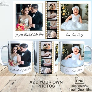 以下が含まれることがあります： カップルと赤ちゃんの画像が描かれた白いセラミック製のマグカップ3つ。マグカップは11オンス、12オンス、15オンスです。マグカップには「It All Started Like This」と「Our Love Story」の文字が書かれています。