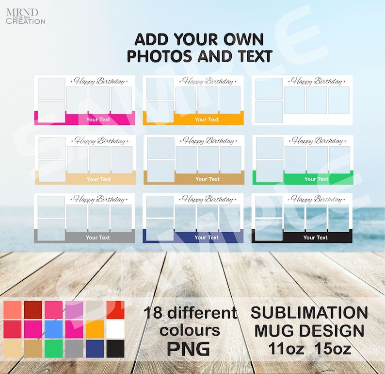 Peut inclure: 18 designs de tasses &agrave; sublimation de couleurs diff&eacute;rentes avec un mod&egrave;le de collage photo. Le mod&egrave;le a un fond blanc avec une bordure et un espace pour du texte. Le texte dit "Joyeux anniversaire" et "Votre texte". Les designs de tasses sont pour des tasses de 11oz et 15oz.