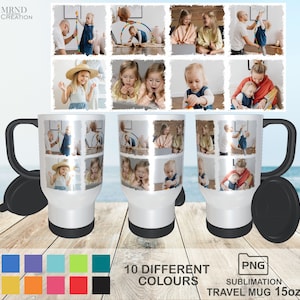 May include: White travel mug with a black lid and handle. The mug features a collage of photos printed on it. The photos show a family with young children. The mug is 15 oz and is available in 10 different colours. The text "PNG Sublimation Travel Mug 15oz" is printed on the bottom of the image.