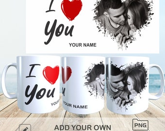 Love Photo Insert Coffee Mug | I Love You photo and Name Mug for Sublimation | Sublimation Mug Wrap | Personalized Photo Mug