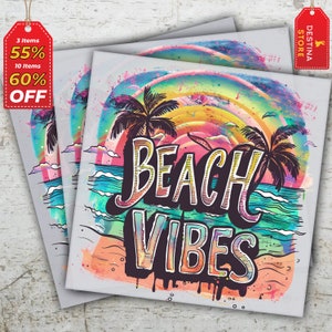 May include: A colorful illustration of a beach scene with palm trees, a rainbow, and the text "Beach Vibes".
