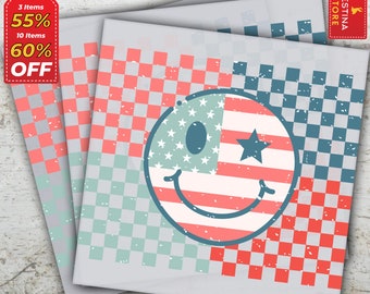 Checkered USA Flag Smiley Face, Ready to Press, Coquette 4th Of July Transfers, Retro America Dtf Transfer, Heat Transfer, Direct to Film