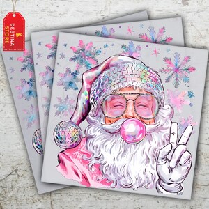 Pink Santa Christmas DTF Transfer: Retro Holiday Hot Peel Ready to Apply Heat Press New Year Print