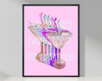 Pink Celebrate Everything Retro Printable Wall Art Retro Wall Decor Art Deco Cocktail Boots Digital Download. Retro Bar Cart Decor. Martini