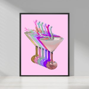 Rainbow Cocktails Pink Retro Printable Wall Art. Decoración de pared retro. Descarga digital de botas de cóctel Art Deco. Decoración retro bar cart. Martini